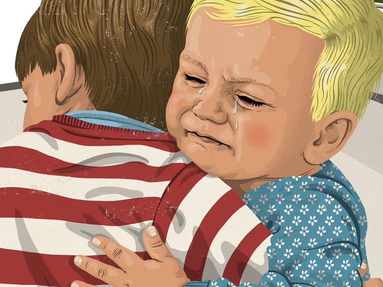 Illustration af to børn, der krammer og trøster hinanden