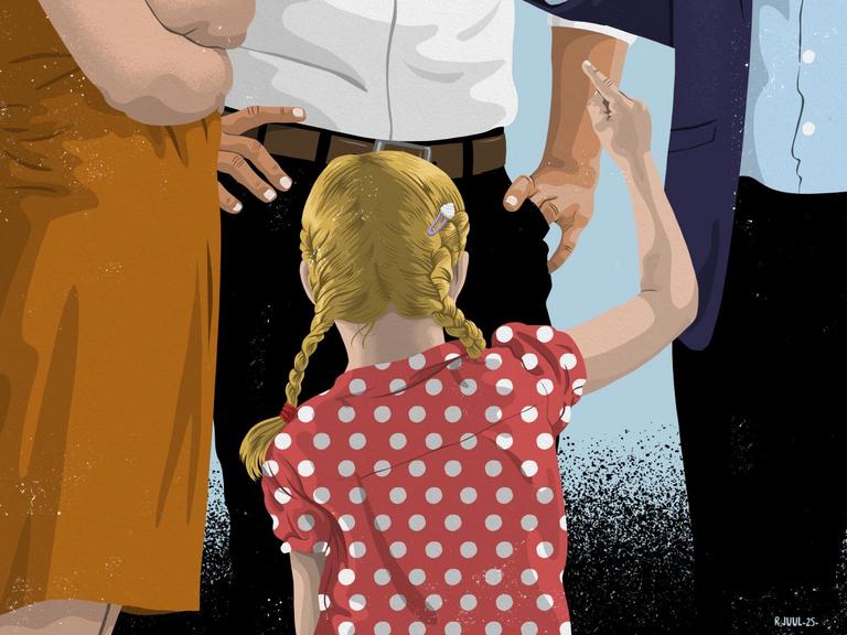 Illustration af pige med hånden i vejret, der er så lille, at voksne ikke ser hende.